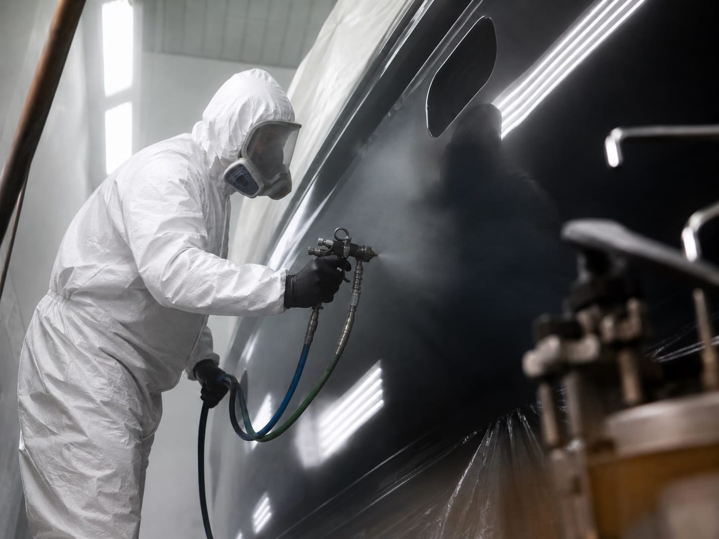 Yacht being refinished in a shipyard